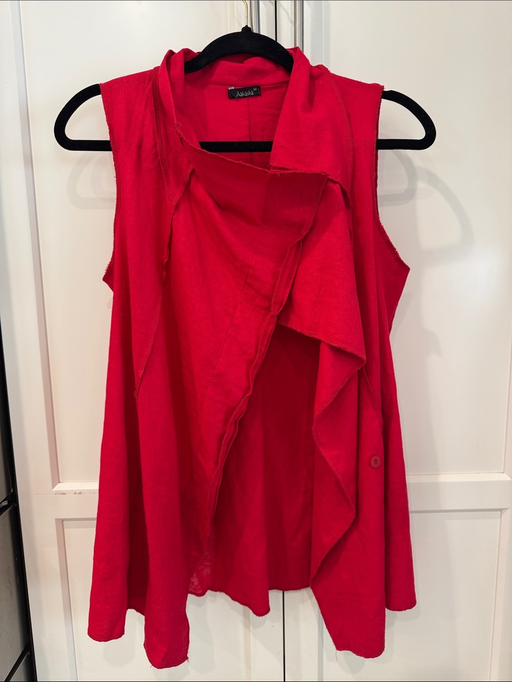 Aakasha Linen Red Sleeveless Draped Open Front Cardigan